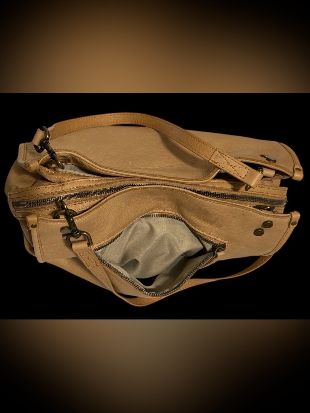 American Leather Co Lenox Triple Entry Satchel bag Cafe Latte Tan Brown Pebbled - Picture 10 of 11